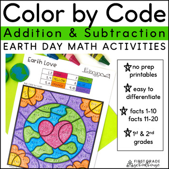 Preview of Earth Day Color by Code Addition & Subtraction within 20 Worksheets