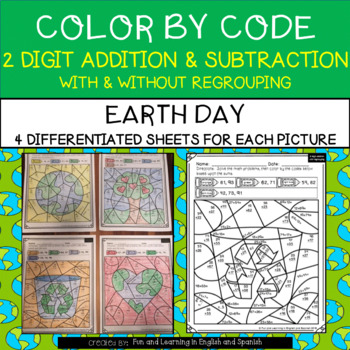Preview of Earth Day Color by Code {DIFFERENTIATED} 2 Digit Addition & Subtraction