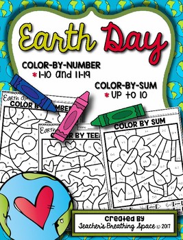 Preview of Earth Day Color-by-Number 1-10 & 11-19 / Color-by-Sum