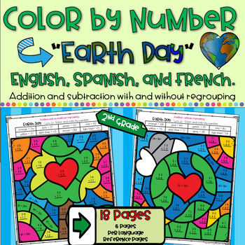 Preview of Earth Day Color by Number Addition and Subtraction with  and without regrouping