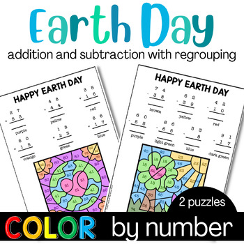 Preview of Earth Day Color by Number Addition and Subtraction with Regrouping