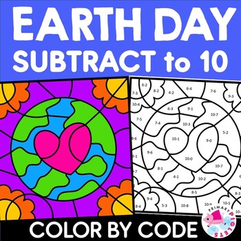 Preview of Earth Day Math Craft Coloring Pages April Color by Number Code Subtraction to 10