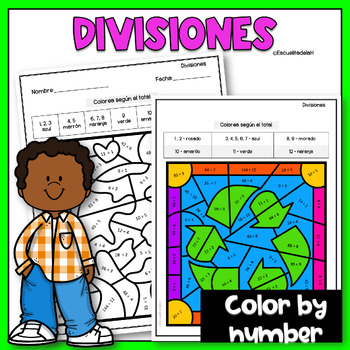 Preview of Earth Day Color by Number Division - Spanish - Practica de Divisiones