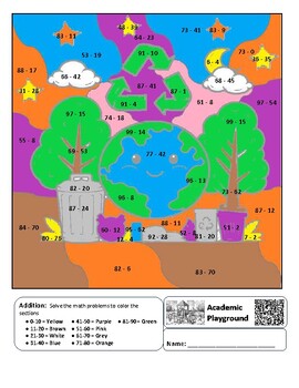 Preview of Earth Day Coloring by Code Worksheet (Subtraction to 100)