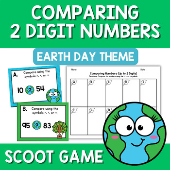 Preview of Earth Day Comparing 2 Digit Numbers Scoot Game Task Cards Greater Center Station