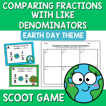 Preview of Earth Day Comparing Fractions with Like Denominators Scoot Game Task Cards 3rd