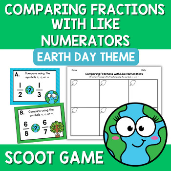 Preview of Earth Day Comparing Fractions with Like Numerators Scoot Game Task Cards 3rd