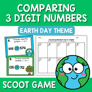Preview of Earth Day Comparing Numbers Up to 3 Digits Scoot Task Cards Game 2nd Math Center