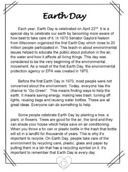 Preview of Earth Day Comprehension Passage & Quiz (Editable)