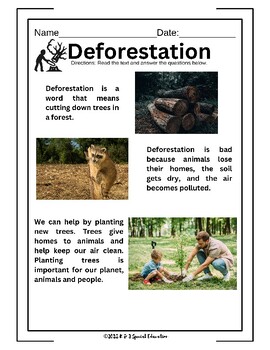 Preview of Earth Day Comprehension Worksheet - Deforestation - No Prep - Differentiated
