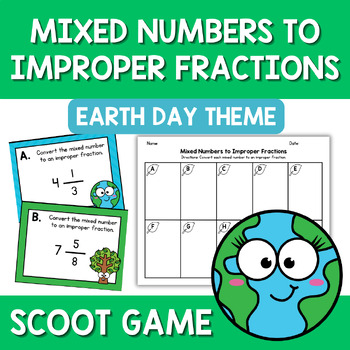 Preview of Earth Day Converting Mixed Numbers to Improper Fractions Scoot Game Task Cards