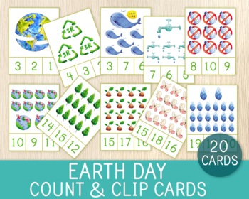 Preview of Earth Day Count & Clip Cards, Numbers 1-20, Math Game, Flashcards, Montessori