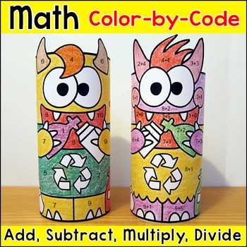 Preview of Earth Day Craft Activity: Recycle Monsters Color by Number April Math Craftivity