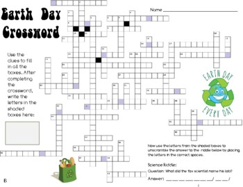 Earth Day Crossword Challenging History Facts and a Riddle by
