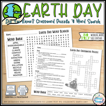 Preview of Earth Day Crossword and Word Search Activity {Digital & Printable Resource}