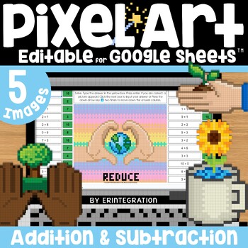 Preview of Earth Day Pixel Art Math Addition and Subtraction Practice on Google Sheets