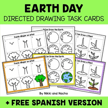Preview of Earth Day Directed Drawing Task Card Activities + FREE Spanish