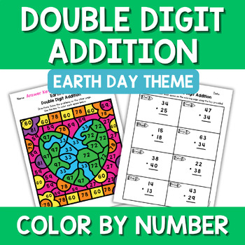 Preview of Earth Day Double Digit Addition Color by Number Math Center Activity 2nd Craft