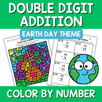 Preview of Earth Day Double Digit Addition Coloring Math Center Station Craft Activity 2nd