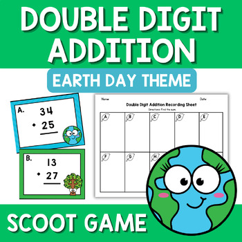 Preview of Earth Day Double Digit Addition Scoot Game With Regrouping Center Task Cards