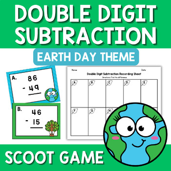 Preview of Earth Day Double Digit Subtraction Scoot Game Task Cards | 2nd Grade 2 Digit
