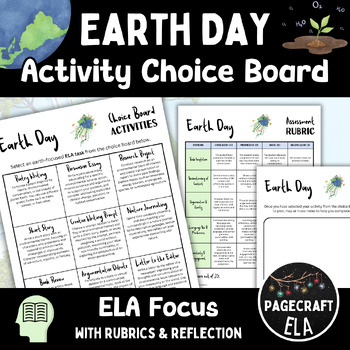 Preview of Earth Day ELA Activity Choice Board with Teacher and Student Rubrics
