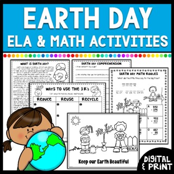 Preview of Earth Day ELA & Math Activities | NO PREP Packet | Digital & Print