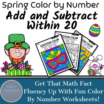 Preview of St Patricks Day Math Worksheets Spring Color By Number Addition Within 20