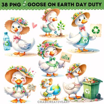 Preview of Earth Day Eco Goose Clipart, Watercolor Goose Clipart, Earth Day PNG, Planet