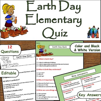 Preview of Earth Day Elementary Quiz Worksheet: April 22nd – 12 Questions with Key Answers