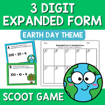 Preview of Earth Day Expanded Form to Standard Form Scoot Game Task Cards Math Center