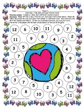 Preview of Earth Day FREEBIE ~ Roll, Add, & Color Partner Game ~ Math ~ Print & Play!