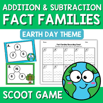 Preview of Earth Day Fact Families Addition Subtraction Family Scoot Game Task Cards