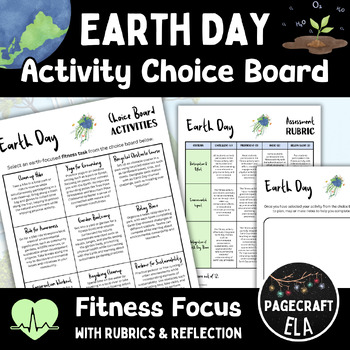 Preview of Earth Day Fitness Activity Choice Board with Teacher and Student Rubrics