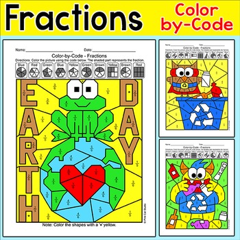 Preview of Earth Day Color by Code Fractions Practice - halves, thirds, fourths, fifths