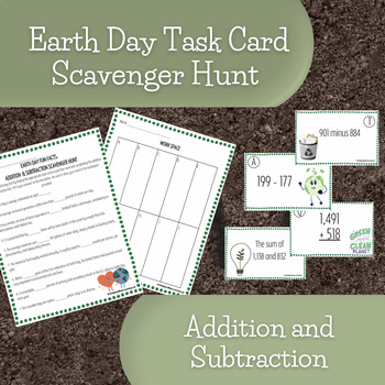 Preview of Earth Day Fun Fact/Task Card Scavenger Hunt | Addition & Subtraction