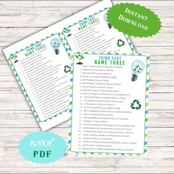 Preview of Earth Day Game, Think Fast, Name three, Classroom Activity Worksheet Homeschool
