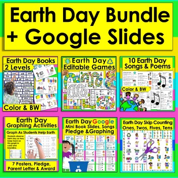 Preview of Earth Day Graphing, Editable Games, Google, Mini Books, Songs, Counting + Boom