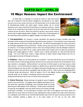 Preview of Earth Day : Human Impact on the Planet (article/questions/key/puzzle)- Sub Plans