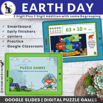 Preview of Earth Day Math 2 Digit Addition With some Regrouping Uncover the Picture Puzzle