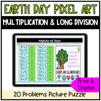 Preview of Earth Day Math 3 digit Multiplication & Long Division Pixel Art Digital Activity