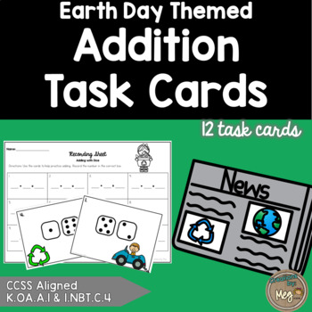 Preview of Earth Day Math - April: Addition Task Cards {K.OA.A.1 & 1.NBT.C.4}