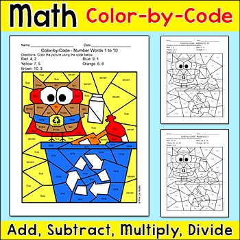 Preview of Earth Day Math Color by Code Superhero Owl Recycles Picture