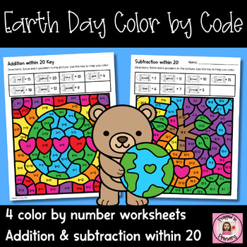 Preview of Earth Day Math Color by Code | Addition and Subtraction within 20