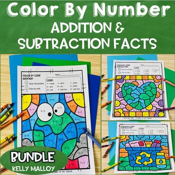 Preview of Earth Day Math Craft Coloring Pages Sheets Color by Number Code Add Subtraction
