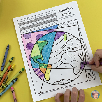 Preview of Earth Day Math Fact Coloring Sheets - Fun Earth Day Activity w/ Art Integration!