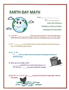 Preview of Earth Day Algebra Math Activity