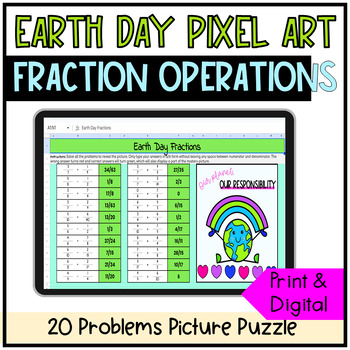 Preview of Earth Day Math Fraction Operations Pixel Art Digital Activity for 5th 6th Grade