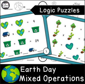 Preview of Earth Day Math Logic Puzzle Enrichment Activity Mixed Operations Task Cards