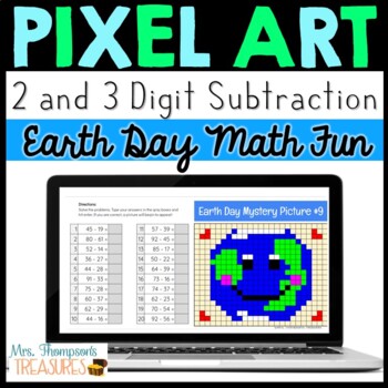 Preview of Earth Day Math Pixel Art for Google Sheets™ - 2 & 3 Digit Subtraction